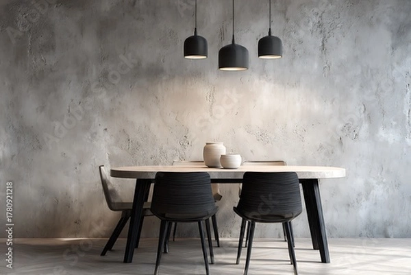 Obraz Modern dining set with textured concrete wall and stylish pendant lights creates an inviting ambiance.