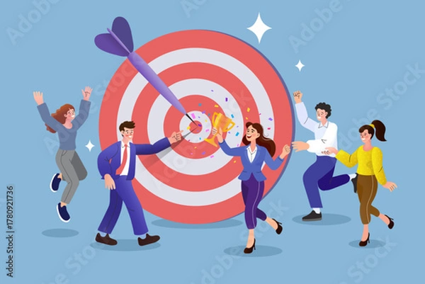 Fototapeta A happy business team celebrates hitting a bullseye target, with a woman holding a trophy. This outline scene symbolizes team goal achievement, successful collaboration, and corporate victory.