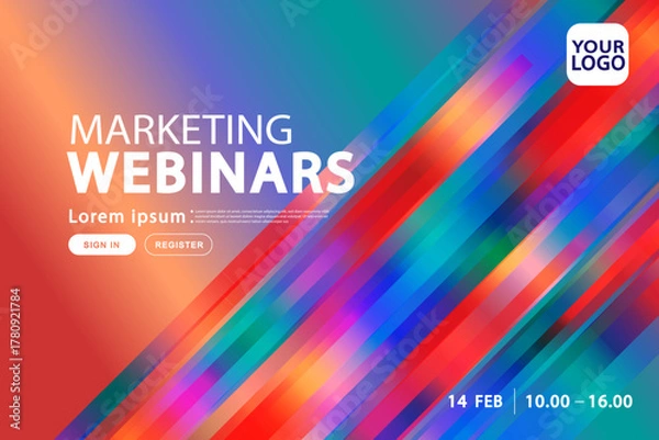 Obraz A website landing page template for marketing webinars, featuring a colorful abstract motion blur background. This UI design concept is for online events, digital speed, or business conferences.
