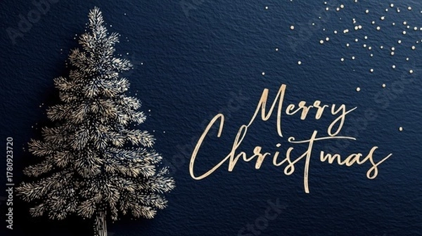 Fototapeta Navy Blue Christmas Tree with Gold Merry Christmas Text and Sparkles - Perfect for Holiday Greeting Cards and Decor
