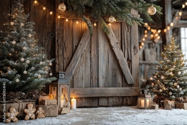 Obraz Cozy Christmas Decor with Rustic Wooden Wall, Twinkling Lights, and Festive Elements