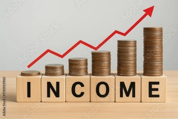 Fototapeta Increasing income growth with stacked coins and red arrow chart finance concept