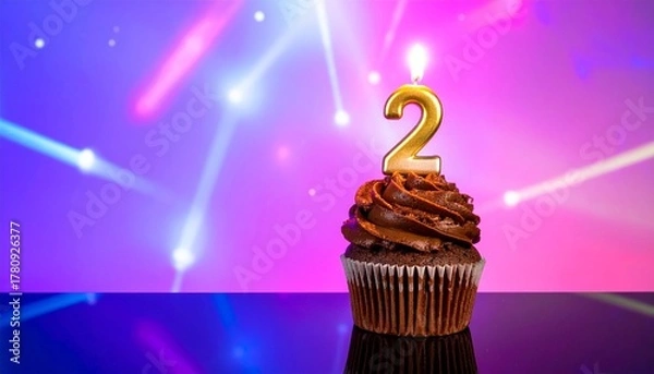 Fototapeta A sweet chocolate cupcake with a lit '2' candle, set against a backdrop of blurred neon lights and bokeh effects