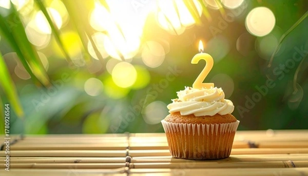 Fototapeta Delicious vanilla frosted cupcake with a glowing '2' candle, set against a warm, sun-dappled natural background