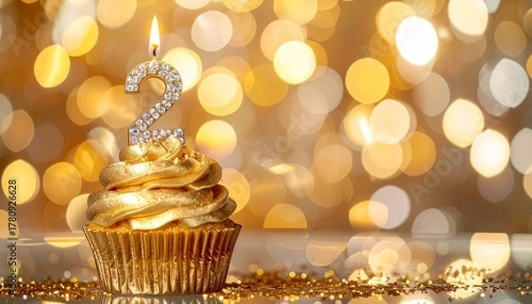 Fototapeta Luxurious golden cupcake with a sparkling number two candle, set against a festive bokeh background, perfect for a second birthday or anniversary celebration