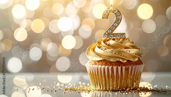 Fototapeta Golden cupcake with a number 2 candle and bokeh lights in the background, celebrating a second birthday or anniversary