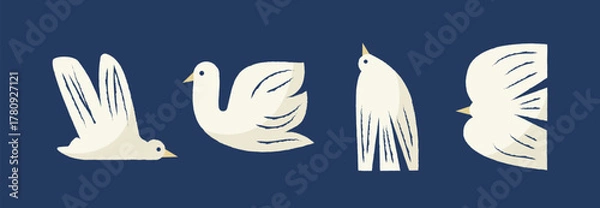 Fototapeta Set of stylized white birds in various flying and resting positions on dark blue background. Flat minimal vector illustration. Animal design elements. Peace and freedom concept for design and print