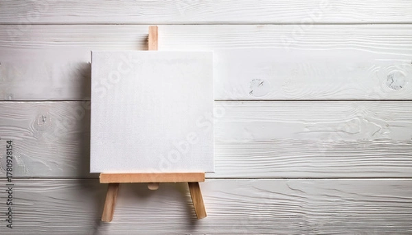 Obraz Blank White Canvas on Wooden Easel against White Rustic Wooden Background Ready for Artwork or Message