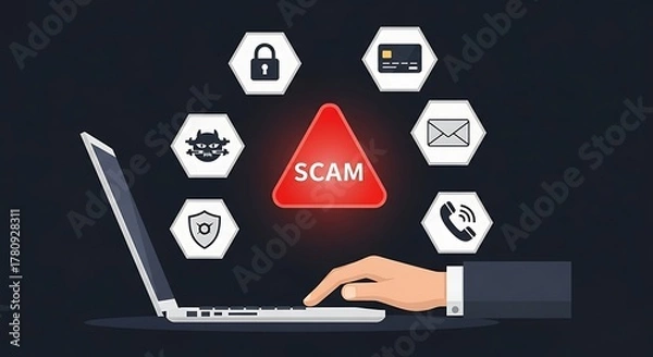Fototapeta Online Scam Prevention Concept with Laptop and Cyber Security Icons around Triangle