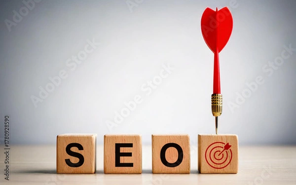 Obraz Wooden Blocks Showing SEO with Dart Hitting Target Concept for Search Engine Optimization and Marketing Success