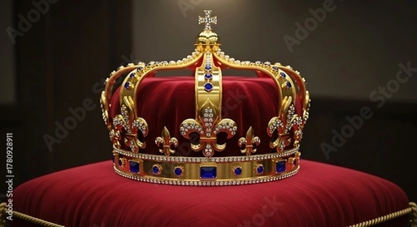 Fototapeta Opulent golden crown adorned with jewels resting on red velvet pillow