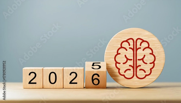 Obraz Red Brain Icon on Wooden Round Block with 2025 Changing to 2026 Cubes