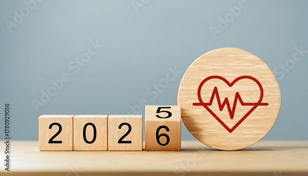 Obraz Red Heartbeat Line in Heart Icon with Wooden Blocks Changing from 2025 to 2026