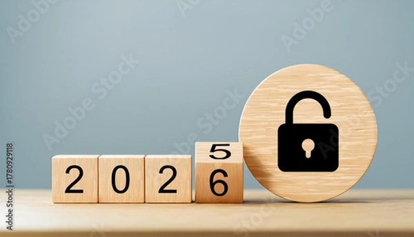Obraz Black Open Padlock Icon on Wooden Disc with Year Transition from 2025 to 2026