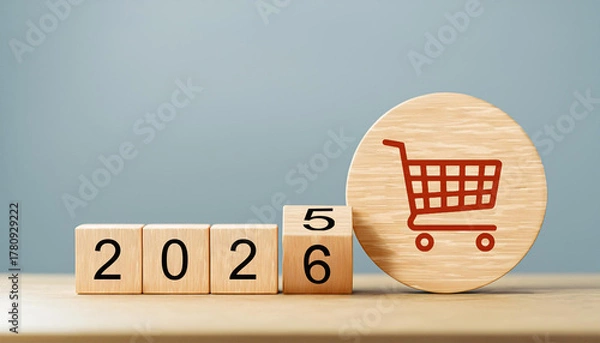 Obraz Red Shopping Cart Icon on Wooden Circle with 2025 to 2026 Year Transition Cubes
