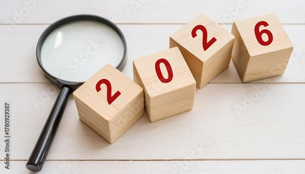 Obraz 2026 Wooden Blocks Under Magnifying Glass Representing Focus and Planning for the Year Ahead