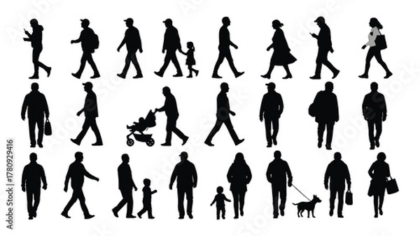 Obraz Diverse silhouettes of people walking isolated on transparent background, Vector