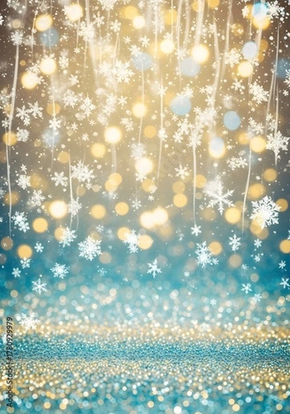 Obraz Magical winter background with cascading golden lights, white snowflakes, and shimmering blue glitter, evoking festive holiday cheer and enchanting seasonal wonder.

