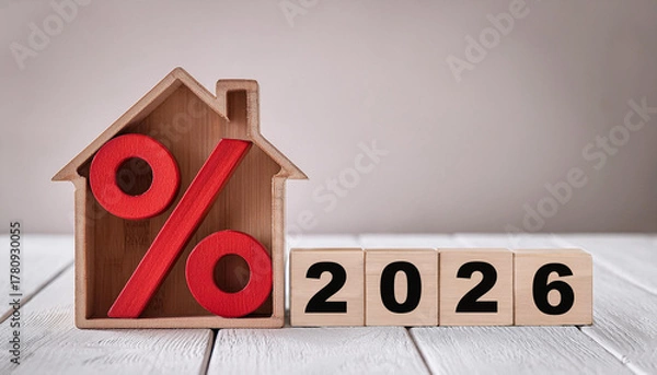 Obraz House Shaped Frame with Red Percent Symbol and 2026 Blocks Representing Mortgage Rates and Real Estate Trends