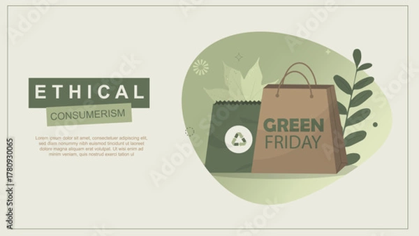 Fototapeta Ethical Consumerism concept. Green Friday shopping bags for responsible purchasing and conscious consumption. Flat style. alternative to Black Friday. Green friday. Vector illustration