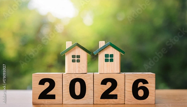 Obraz Two Wooden Houses with Green Roofs Sitting on 2026 Blocks Representing Real Estate Growth and Property Investment