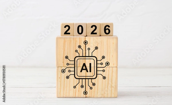 Obraz Artificial Intelligence AI Icon on Wooden Blocks with 2026 Year Display