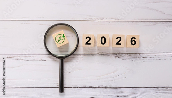 Obraz Green Net Zero Icon Under Magnifying Glass with Wooden Blocks Showing 2026