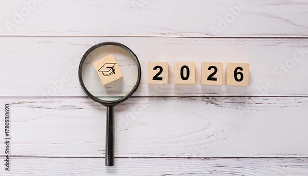 Obraz Black Graduation Cap Icon Under Magnifying Glass with Wooden 2026 Year Blocks