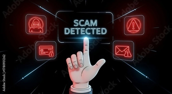 Fototapeta Scam Detected Cyber Security Concept with Hand Illustration and Neon Icons