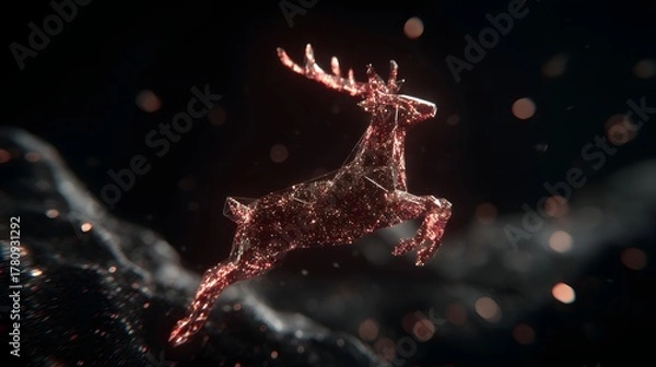 Fototapeta Sparkling reindeer made of particles running through winter landscape 