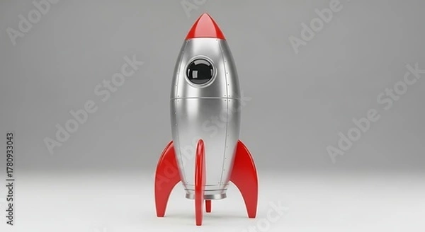 Fototapeta Shiny silver rocket with red fins ready for a space mission