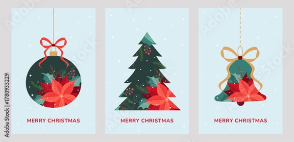 Obraz 2026 Merry Christmas card set featuring a festive tree, poinsettias, bell, holly, ribbons, and bows on a snowy blue background with “Merry Christmas” text—ideal for posters, covers, or invites.Vector