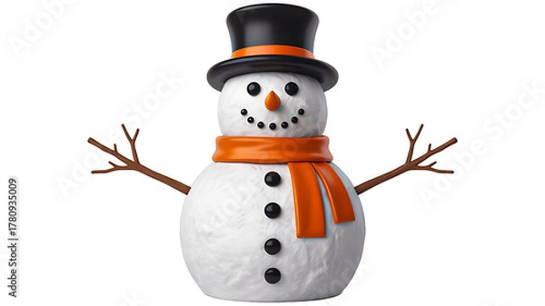 Fototapeta Cheerful three-dimensional snowman wearing a classic black top hat and bright orange scarf, isolated on a white background for christmas, winter, and holiday greetings.