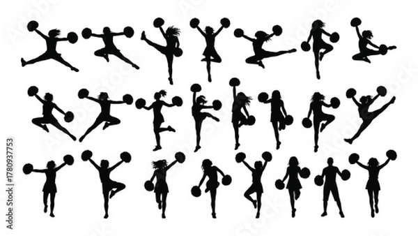 Obraz Dynamic cheerleader silhouette collection isolated on transparent background, Vector