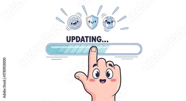 Fototapeta Updating process illustrated with cartoon hand and cute icons on white background
