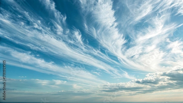 Obraz Cloud sky blue horizon wispy cirrus cloudscape airy serene daylight drift across open sea under calm sky, wispy cirrus streaks create soft texture and peaceful mood near distant horizon