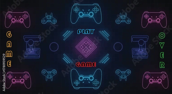 Fototapeta Neon glowing game controllers and retro arcade joysticks with 'PLAY GAME' and 'GAME OVER' text on a dark background, representing a gaming theme.
