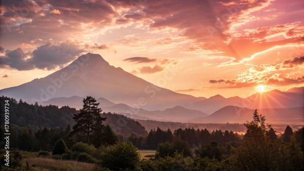 Fototapeta Sunrise mountain silhouette landscape valley forest clouds sunbeam golden horizon bathe serene mountain landscape warm golden light, soft mist drapes valley, peaceful mood with dramatic clouds