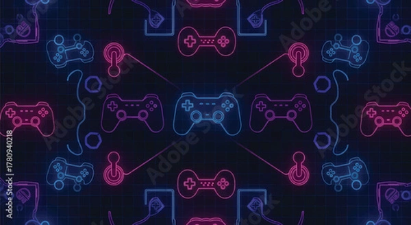 Fototapeta Abstract glowing pattern of neon gamepads creating a futuristic video gaming background. A creative digital illustration of entertainment technology