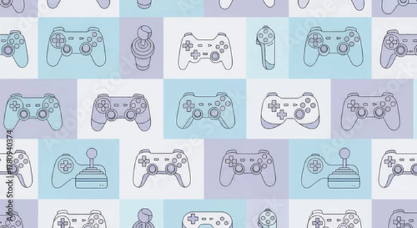 Obraz Seamless pattern of various video game controllers and joysticks on a checkerboard background of light blue and purple squares.