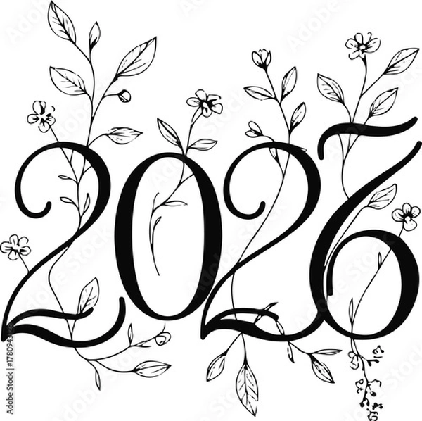 Obraz minimalist black line art typography of number 2026, decorated with thin delicate leaves and small flowers growing around each digit, elegant botanical vector design 1