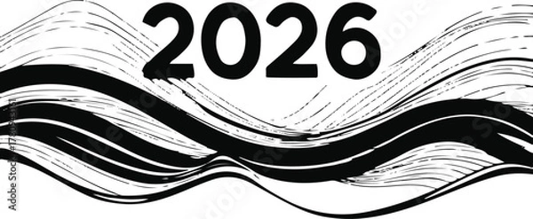Obraz minimalist black line art typography of number 2026 combined with geometric abstract shapes like circles, triangles, and grids, clean white background, modern vector design 1.
