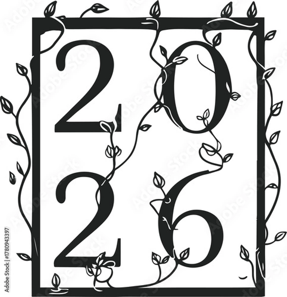Obraz number 2026 drawn in thin black outline with climbing vines wrapping around each digit, minimalist botanical vector line art, white background