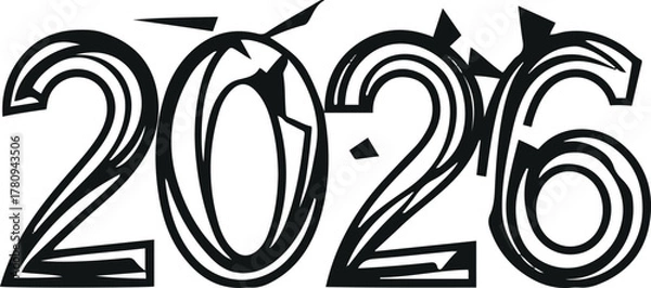 Obraz number 2026 drawn with broken abstract line segments and geometric fragments, minimal black outline vector on white background 1