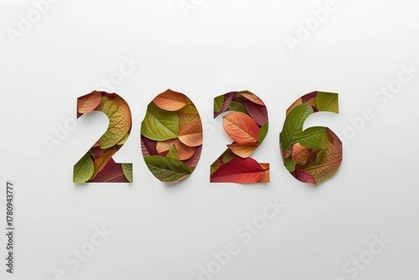 Fototapeta 2026 new year text banner poster background with leaf texture pattern for graphic design resource