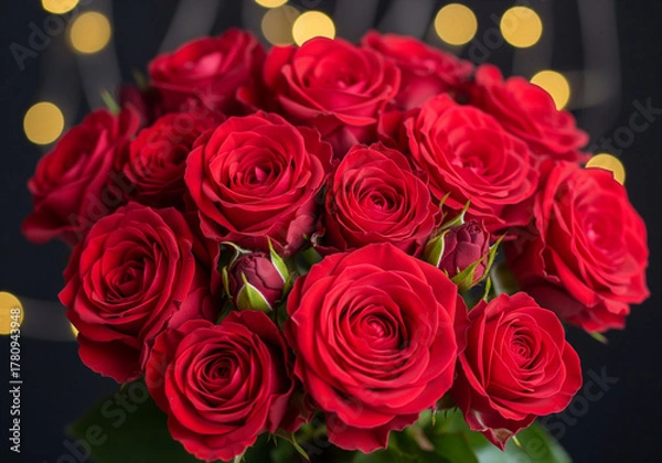 Fototapeta Beautiful Red Roses Bouquet with Bokeh Lights Romantic Floral Arrangement