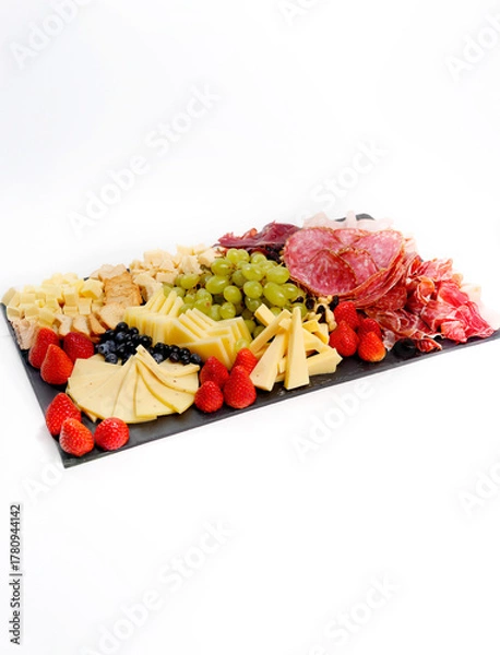 Fototapeta Charcuterie board with cheese, cured meats and fruits