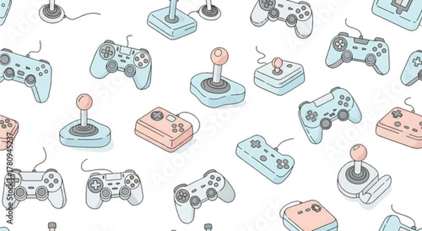 Obraz Seamless pattern featuring a variety of retro and modern video game controllers and joysticks in a pastel color palette on a white background, drawn in an isometric style.