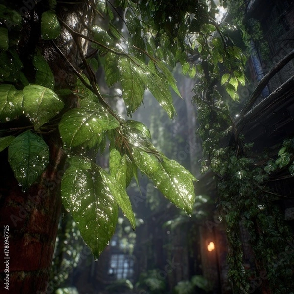 Fototapeta Sunlight Sparkling On Wet Forest Leaves