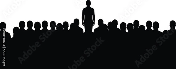 Obraz Silhouette, people, standing, crowd, leader, individuality, contrast, black, white, group, motionless, posture, unity, separation, elevated, center, design, reference, gesture, concept